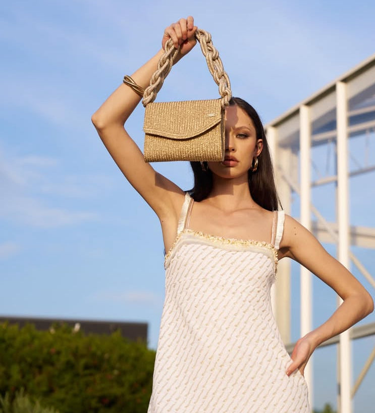 PHO FIRENZE-pochette in rafia con catena